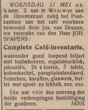 Advertentie uit de Echo van het Zuiden d.d. 9 mei 1925 met aankondiging van de openbare verkoop van de café-inventaris.