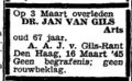 Rouwbericht in Het Vaderland d.d. 22-3-1945